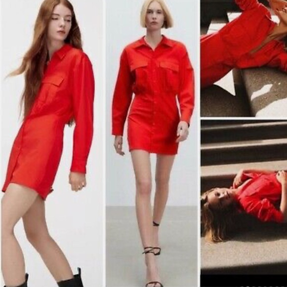 New ZARA POPLIN SHIRT RED DRESS - Picture 3 of 14